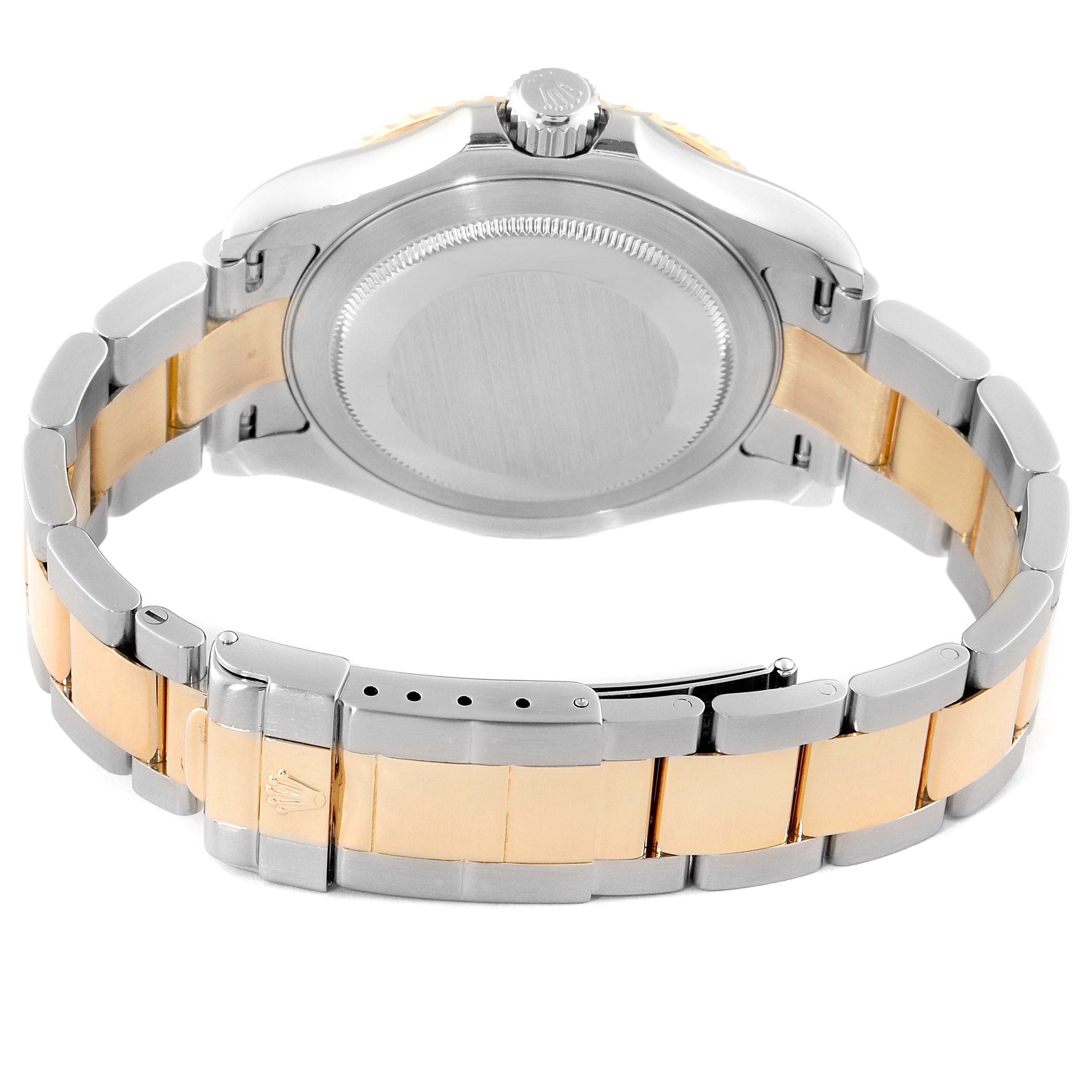 The image shows the back and bracelet of a Rolex Yacht-Master 16623 Men's Steel and Gold (two tone) Blue Dial 16623 Men's Steel and Gold (two tone) Blue Dial watch, highlighting its two-tone metal design and clasp.