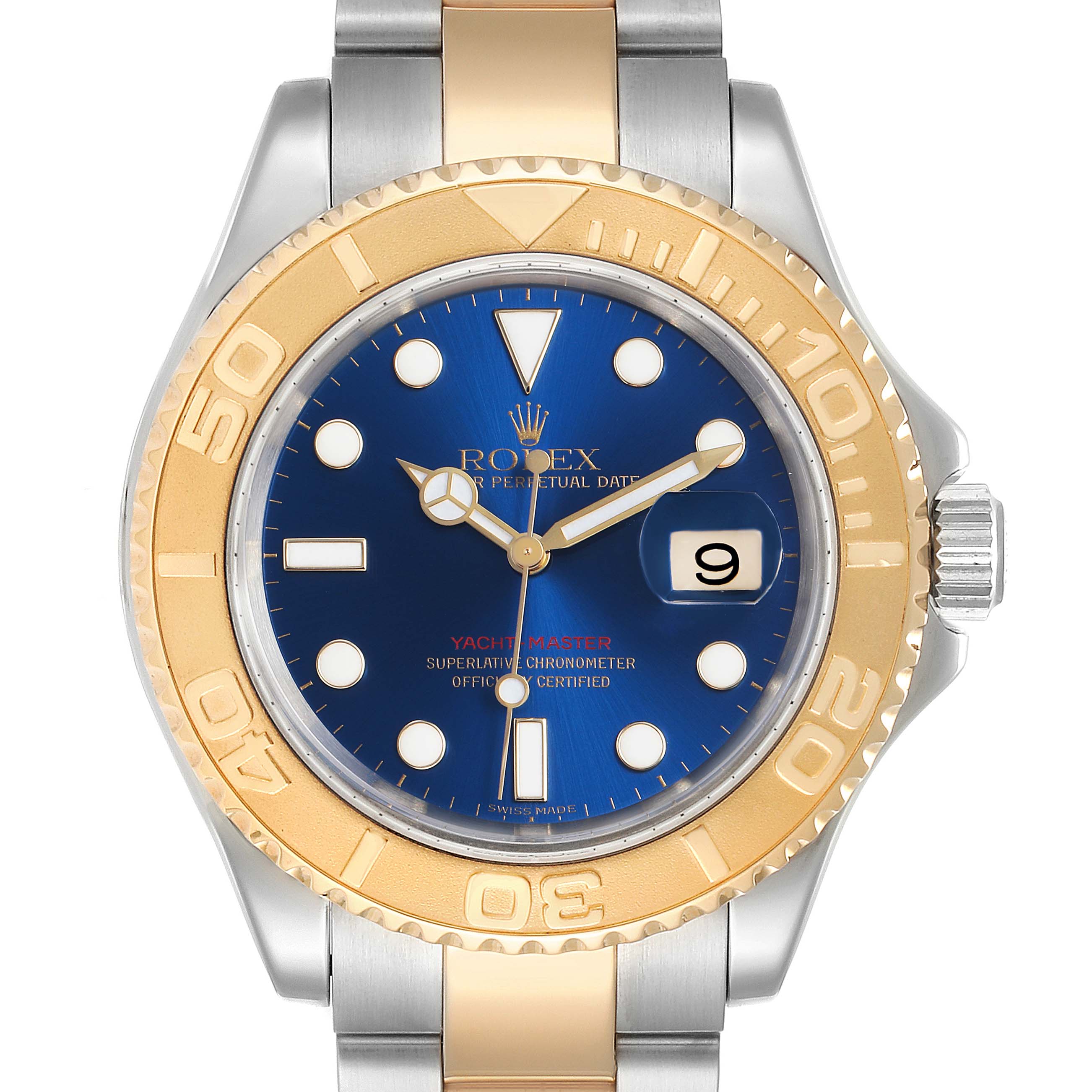The image shows a front view of a Rolex Yacht-Master 16623 Men's Steel and Gold (two tone) Blue Dial 16623 Men's Steel and Gold (two tone) Blue Dial watch, highlighting its blue dial, gold bezel, and stainless steel strap.