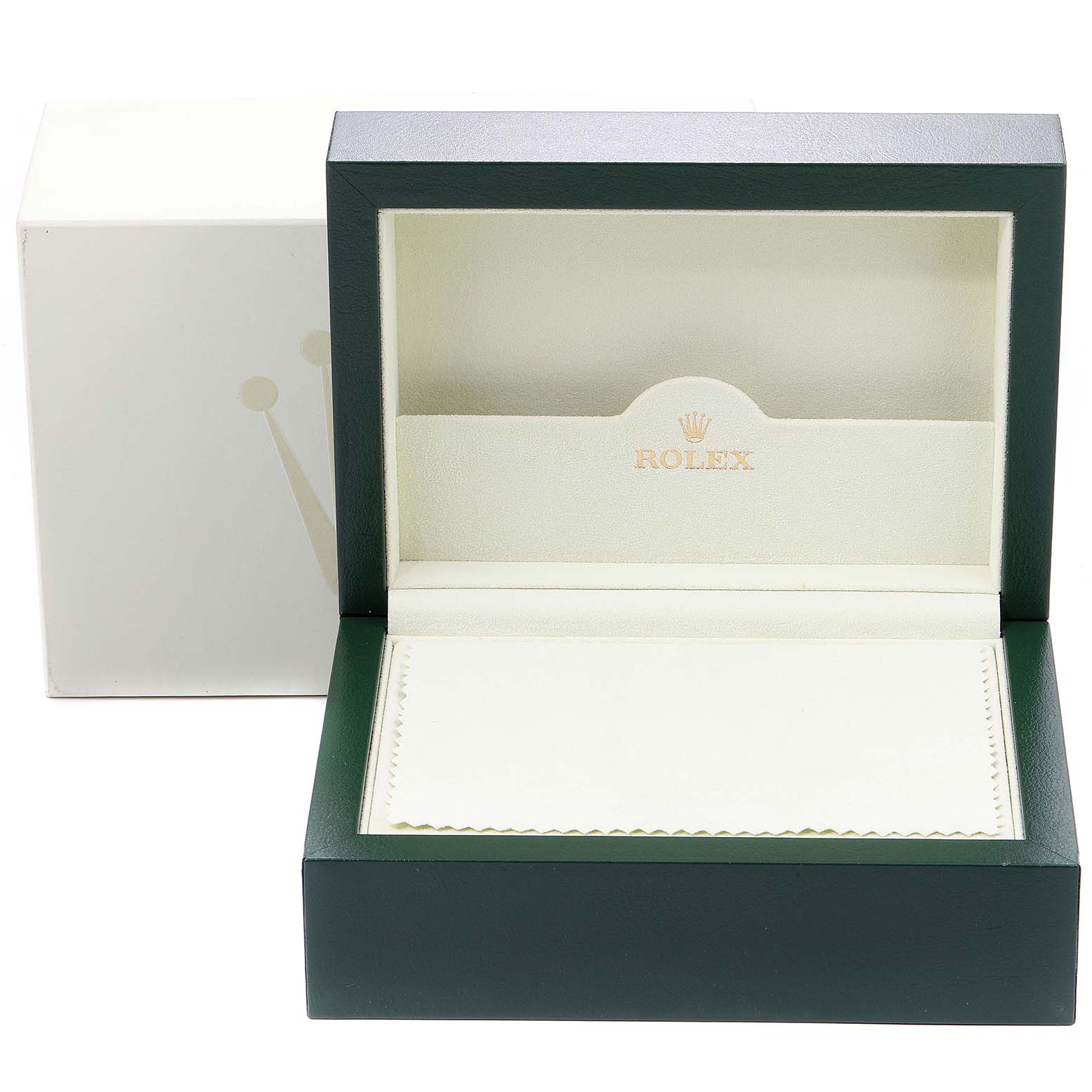 This image shows an empty Rolex Yacht-Master 16623 Men's Steel and Gold (two tone) Blue Dial 16623 Men's Steel and Gold (two tone) Blue Dial watch box with its lid open, revealing the interior display area and a booklet.