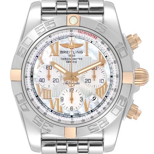 The Breitling Chronomat IB0110 Men's Steel and Gold (two tone) Mother of Pearl Dial IB0110 Men's Steel and Gold (two tone) Mother of Pearl Dial watch is shown from a front-facing angle, displaying its dial, bezel, and bracelet.