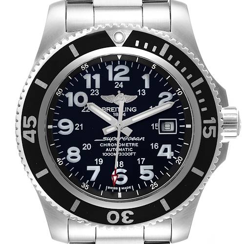 The Breitling Superocean A17392D8/C910 Men's Stainless Steel Black Dial A17392D8/C910 Men's Stainless Steel Black Dial watch is shown from a front angle, displaying the face, bezel, and part of the bracelet.
