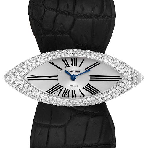 The image shows a close-up of the Cartier Colisee 2908 Women's White Gold Silver Dial 2908 Women's White Gold Silver Dial model watch face and strap, highlighting its diamond-encrusted bezel.