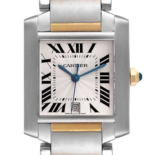 This is a close-up of the Cartier Tank Française watch, showing the dial, hands, crown, and part of the bracelet.