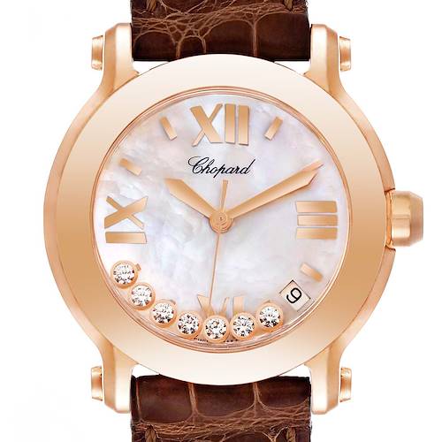 The image shows a front view of the Chopard 27/7471 Women's Rose Gold Mother of Pearl Dial 27/7471 Women's Rose Gold Mother of Pearl Dial Happy Sport 7 Floating Diamond Rose Gold Ladies Watch 7471 model, highlighting its dial and strap.