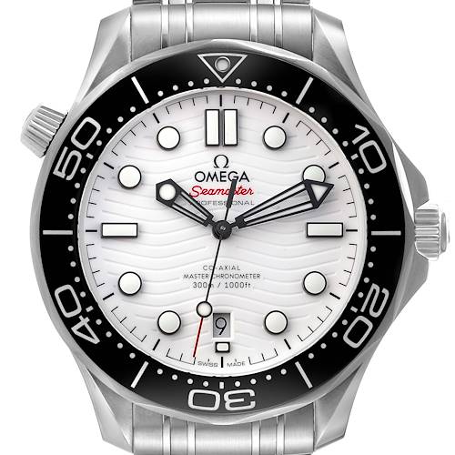 This is a front view of the Omega Seamaster 210.30.42.20.04.001 Men's Stainless Steel White Dial 210.30.42.20.04.001 Men's Stainless Steel White Dial watch, displaying its white dial, black bezel, and stainless steel bracelet.
