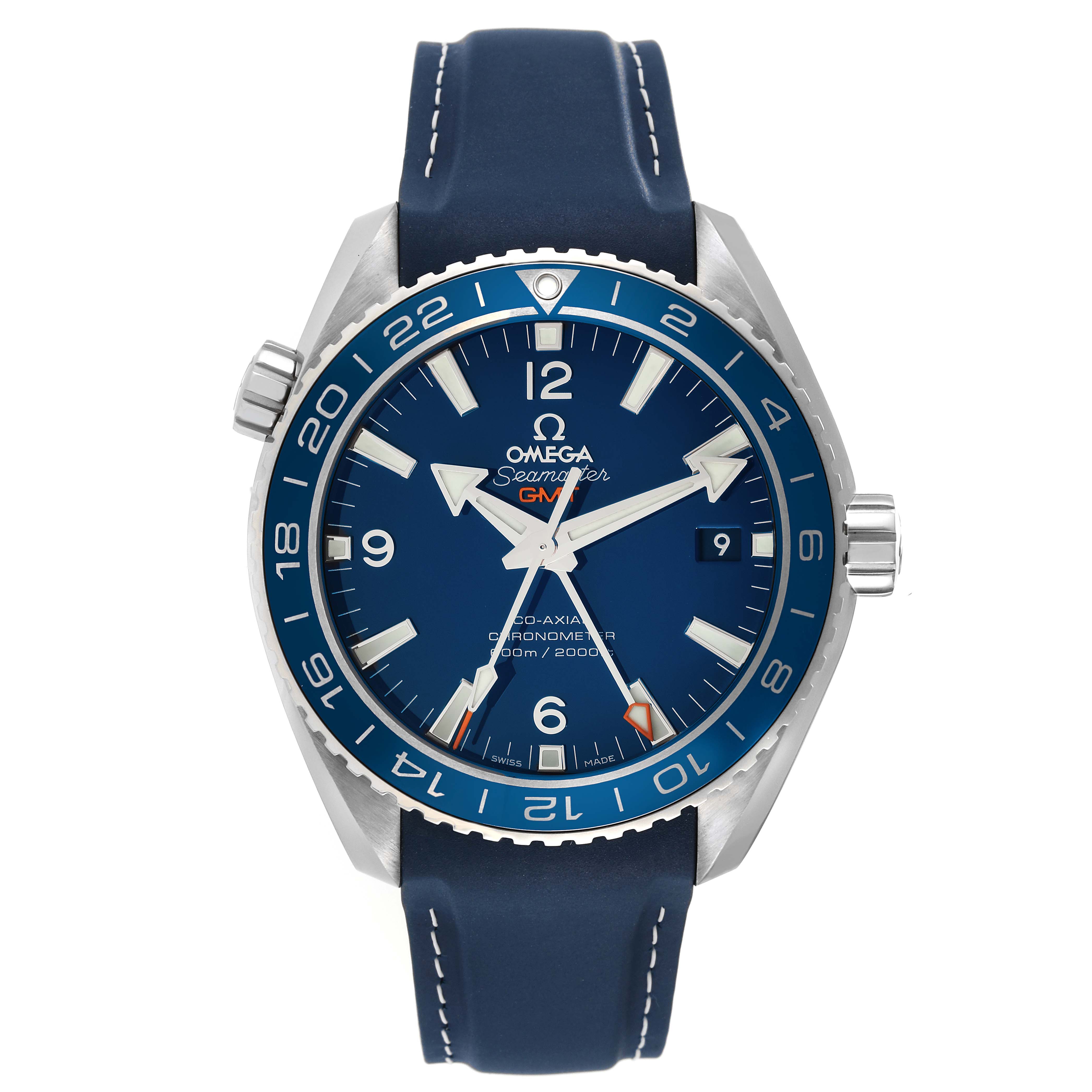 The Omega Planet Ocean 232.92.44.22.03.001 Men's Stainless Steel Blue Dial 232.92.44.22.03.001 Men's Stainless Steel Blue Dial watch's face is shown straight-on, highlighting the dial, bezel, and blue leather strap.