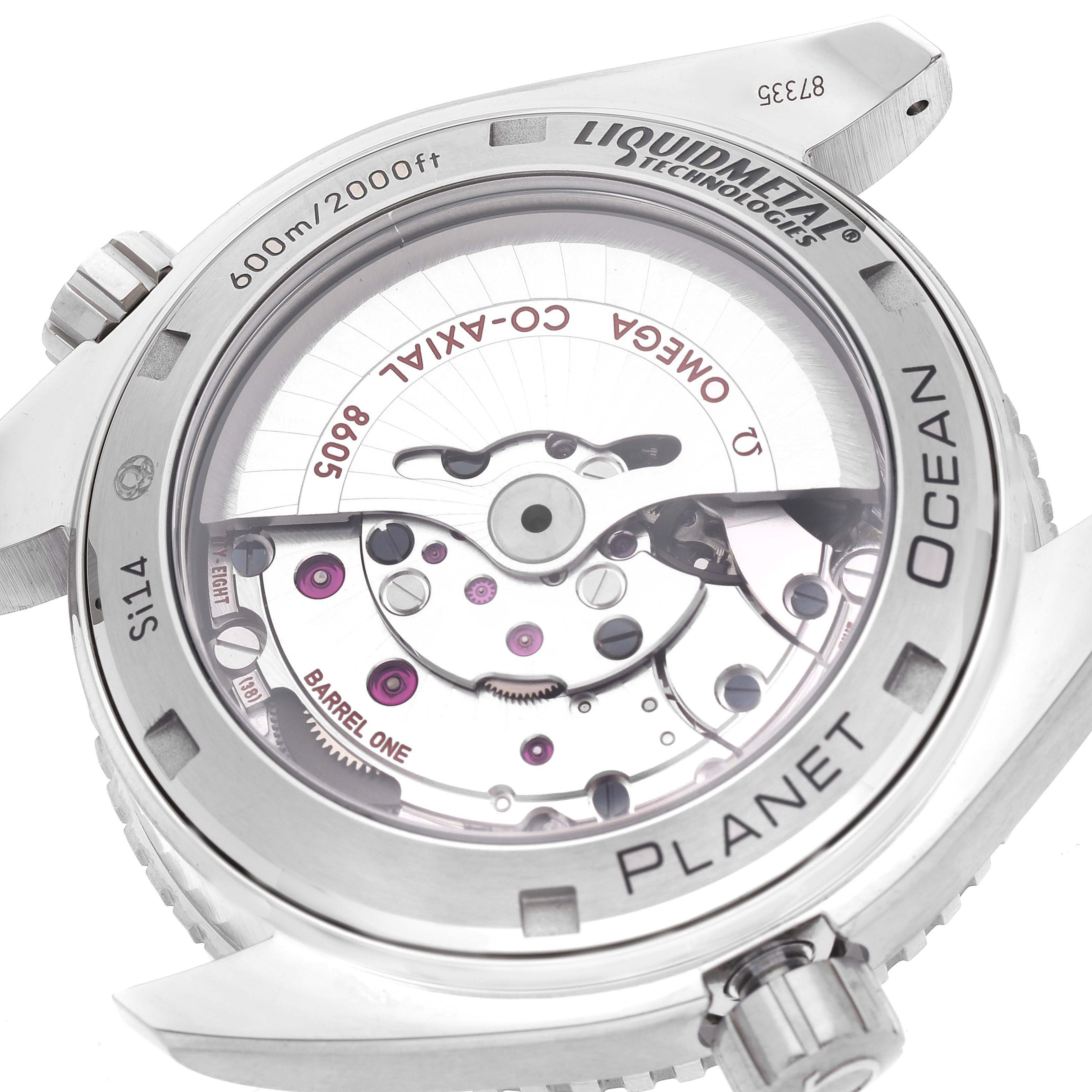 The image shows the back of an Omega Planet Ocean 232.92.44.22.03.001 Men's Stainless Steel Blue Dial 232.92.44.22.03.001 Men's Stainless Steel Blue Dial watch, highlighting its internal mechanics and liquid metal technology.