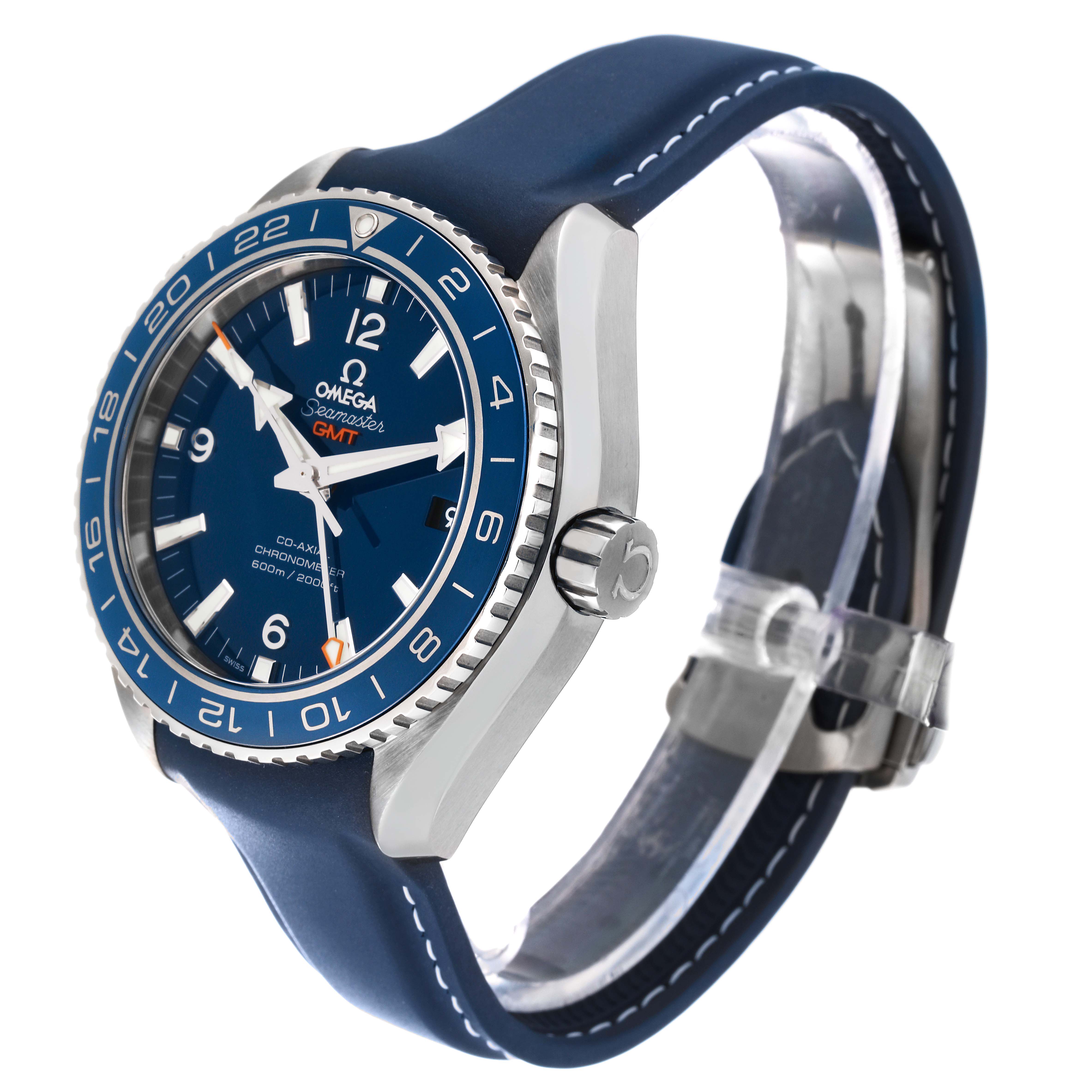 The Omega Planet Ocean 232.92.44.22.03.001 Men's Stainless Steel Blue Dial 232.92.44.22.03.001 Men's Stainless Steel Blue Dial watch is shown at an oblique angle, highlighting its dial, bezel, and part of the strap.