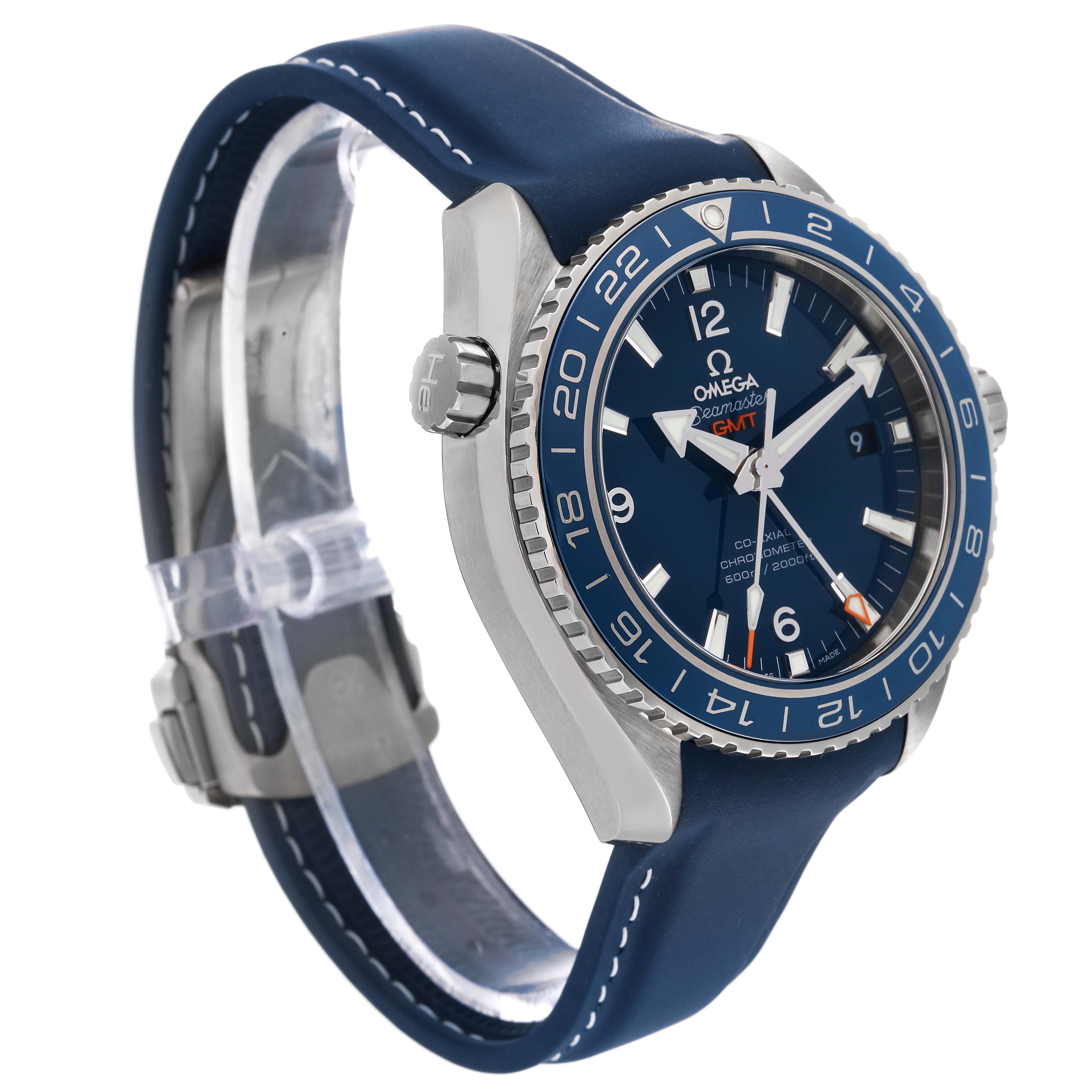 The image shows a side angle of the Omega Planet Ocean 232.92.44.22.03.001 Men's Stainless Steel Blue Dial 232.92.44.22.03.001 Men's Stainless Steel Blue Dial GMT watch displaying its face, bezel, crown, and strap.