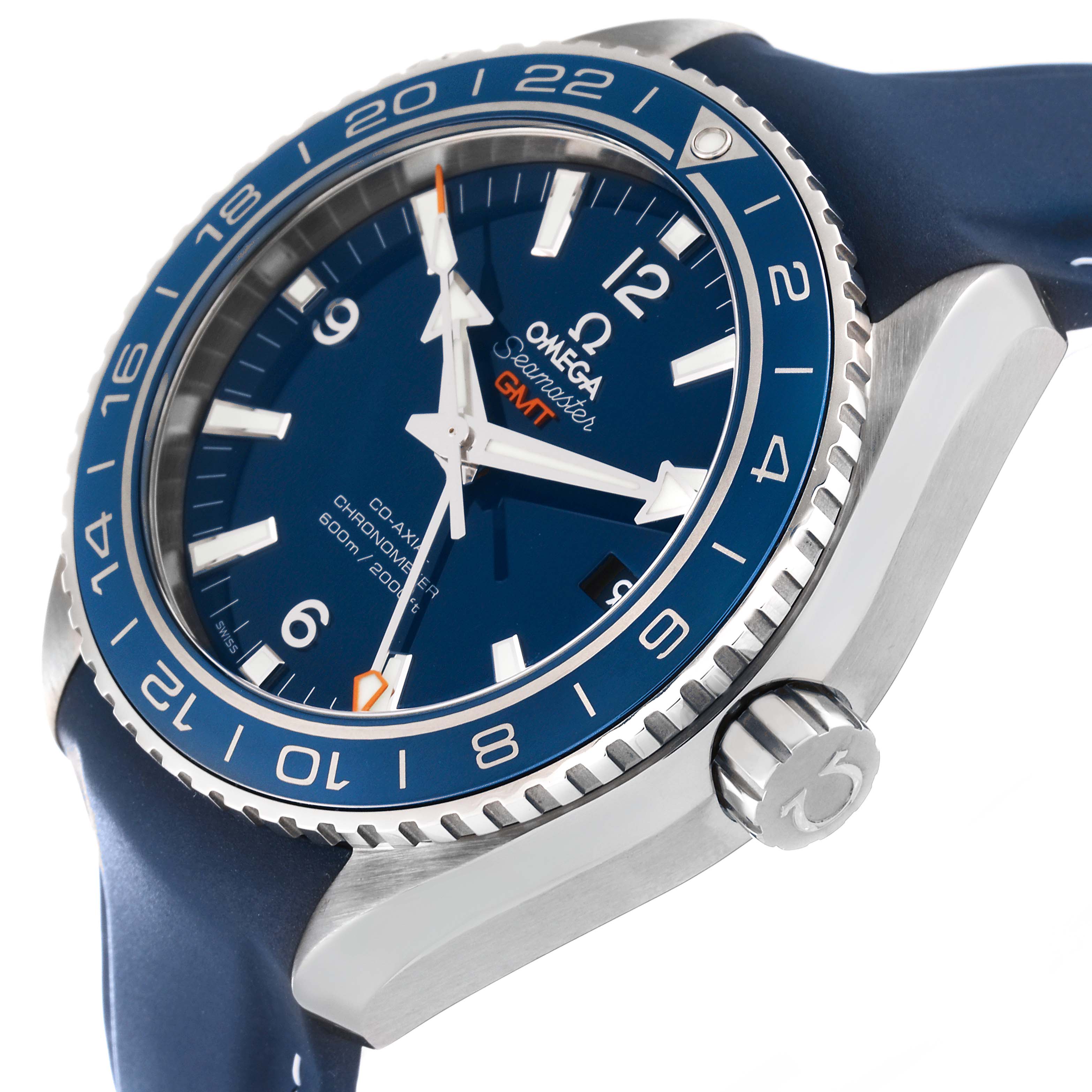 The Omega Planet Ocean 232.92.44.22.03.001 Men's Stainless Steel Blue Dial 232.92.44.22.03.001 Men's Stainless Steel Blue Dial model watch is shown at an oblique angle, highlighting the face, bezel, crown, and part of the strap.
