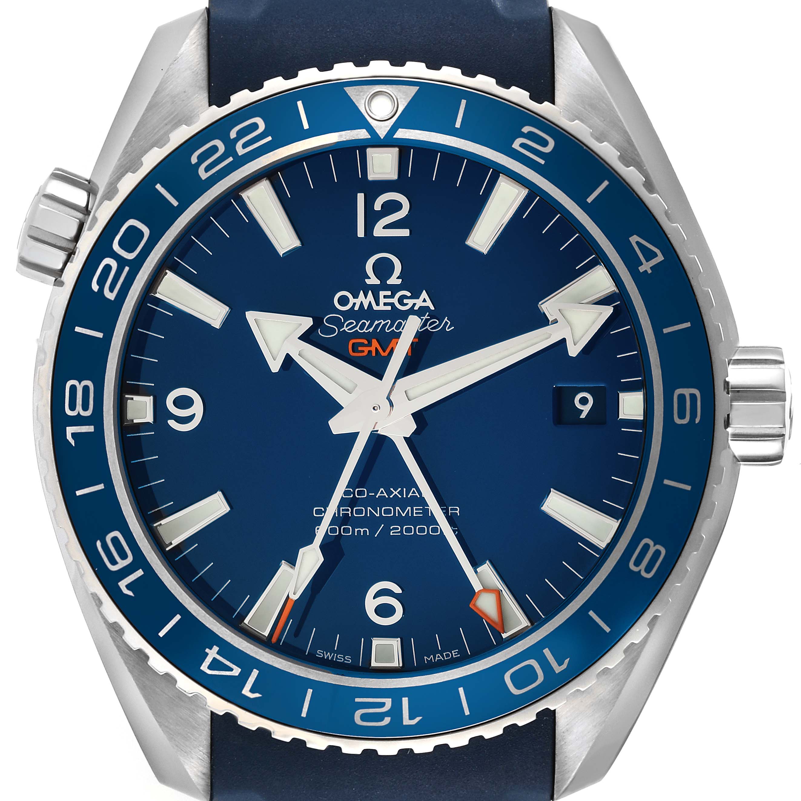 The image shows a front view of the Omega Planet Ocean 232.92.44.22.03.001 Men's Stainless Steel Blue Dial 232.92.44.22.03.001 Men's Stainless Steel Blue Dial GMT model showcasing its watch face, bezel, and crown.