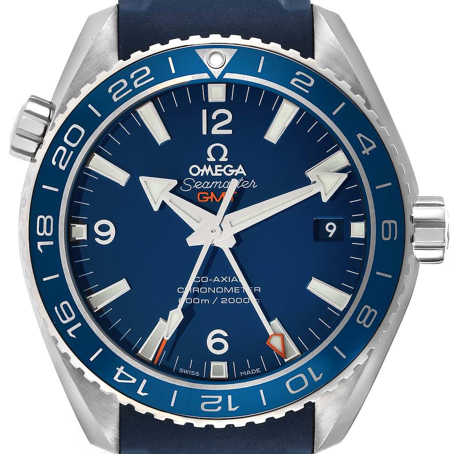 The image shows a front view of the Omega Planet Ocean 232.92.44.22.03.001 Men's Stainless Steel Blue Dial 232.92.44.22.03.001 Men's Stainless Steel Blue Dial GMT model showcasing its watch face, bezel, and crown.