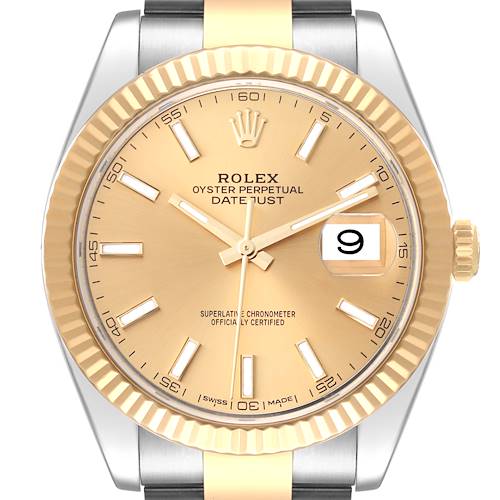 The Rolex Datejust 41 126333 Men's Steel and Gold (two tone) Champagne Dial 126333 Men's Steel and Gold (two tone) Champagne Dial watch is shown from a front angle, highlighting the gold dial, fluted bezel, and date window.