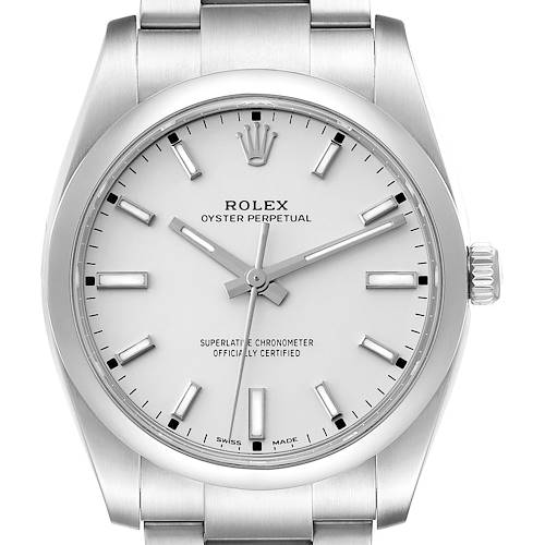 The image shows a front view of a Rolex Oyster Perpetual 114200 Men's Stainless Steel White Dial 114200 Men's Stainless Steel White Dial watch, highlighting its dial, hour markers, hands, and part of the bracelet.
