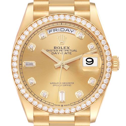 The Rolex President 128348 Men's Yellow Gold Champagne Dial 128348 Men's Yellow Gold Champagne Dial model is shown front-on, highlighting the gold dial, diamond markers, day and date windows, and fluted bezel.