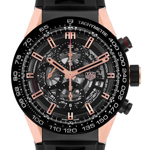 The image shows a close-up of the dial and bezel of a Tag Heuer Carrera CAR205A.FT6087 Men's Titanium Black Dial CAR205A.FT6087 Men's Titanium Black Dial watch, highlighting its intricate design and tachymeter scale.