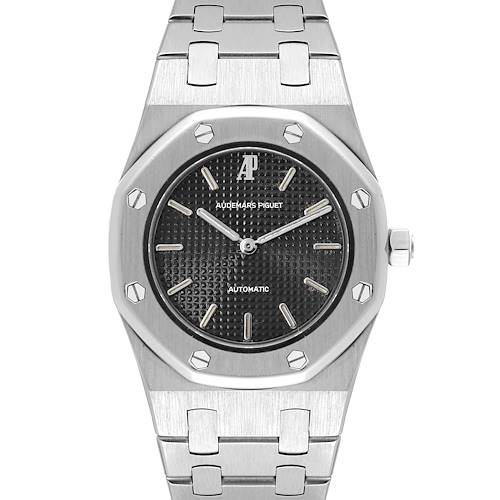This image shows the front view of an Audemars Piguet Royal Oak Women's Stainless Steel Black Dial Women's Stainless Steel Black Dial watch, including the bracelet, bezel, dial, and hands.