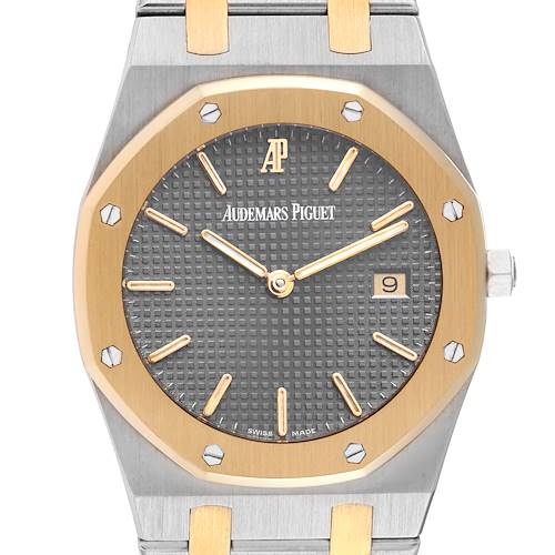 This image shows a frontal view of the dial and bezel of an Audemars Piguet Royal Oak 56175SA.OO.0789SA.01 Men's Steel and Gold (two tone) Grey Dial 56175SA.OO.0789SA.01 Men's Steel and Gold (two tone) Grey Dial watch, featuring a two-tone design.