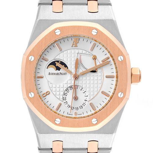 The Audemars Piguet Royal Oak 26168SR.OO.1220SR.02 Men's Steel and Gold (two tone) Silver Dial 26168SR.OO.1220SR.02 Men's Steel and Gold (two tone) Silver Dial watch is shown from the front, displaying its face, bezel, and part of the bracelet.