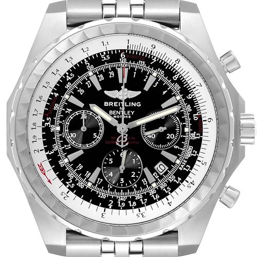 The image shows a front view of a Bentley model Breitling watch, highlighting its dial, bezel, and chronograph features.