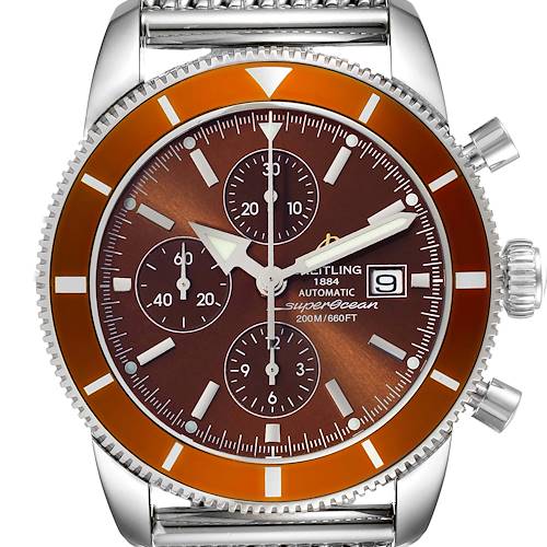 This image displays a front view of a Breitling Superocean A13320 Men's Stainless Steel Brown Dial A13320 Men's Stainless Steel Brown Dial watch, featuring the dial, bezel, crown, and chronograph sub-dials.