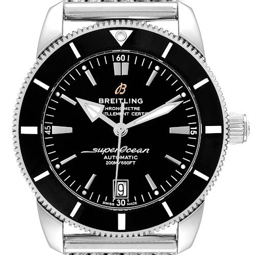 The image shows a front view of a Breitling Superocean AB2010161C1A1 Men's Stainless Steel Black Dial AB2010161C1A1 Men's Stainless Steel Black Dial watch, highlighting the bezel, dial, hands, and date display.
