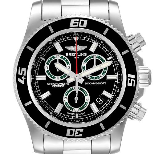 The image shows a front view of the Breitling Superocean A73310 Men's Stainless Steel Black Dial A73310 Men's Stainless Steel Black Dial watch, highlighting its bezel, chronograph dials, and crown.