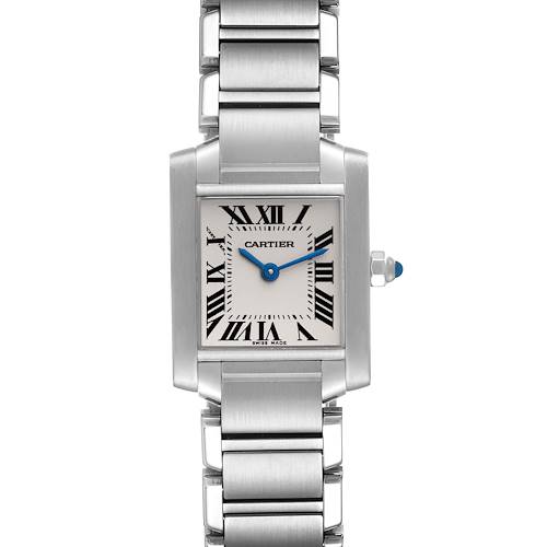 This image shows a front view of the Cartier Tank Francaise W51008Q3 Women's Stainless Steel Silver Dial W51008Q3 Women's Stainless Steel Silver Dial watch, highlighting its square face, Roman numerals, and metal bracelet.