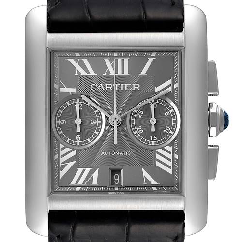 The image shows a Cartier Tank MC W5330008 Men's Stainless Steel Grey Dial W5330008 Men's Stainless Steel Grey Dial watch from a front angle, highlighting the dial, sub-dials, date window, and part of the strap.