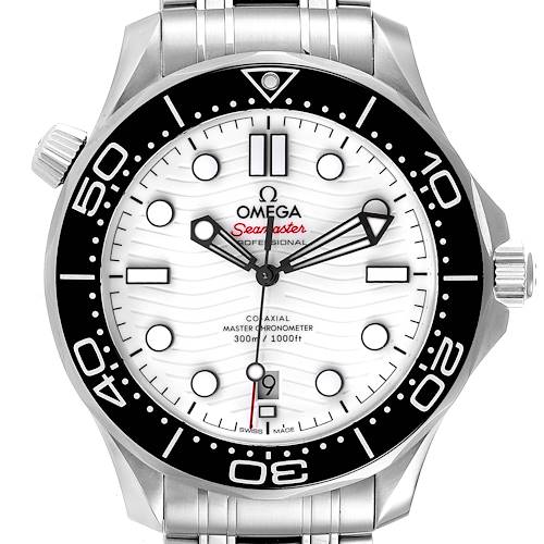 This image shows a front view of the Omega Seamaster 210.30.42.20.04.001 Men's Stainless Steel White Dial 210.30.42.20.04.001 Men's Stainless Steel White Dial watch, highlighting its face, bezel, and part of the bracelet.