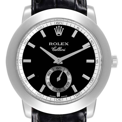 The image shows a front view of a Rolex Cellini 5241/6 Men's Platinum Black Dial watch, highlighting the dial, hands, crown, and leather strap.