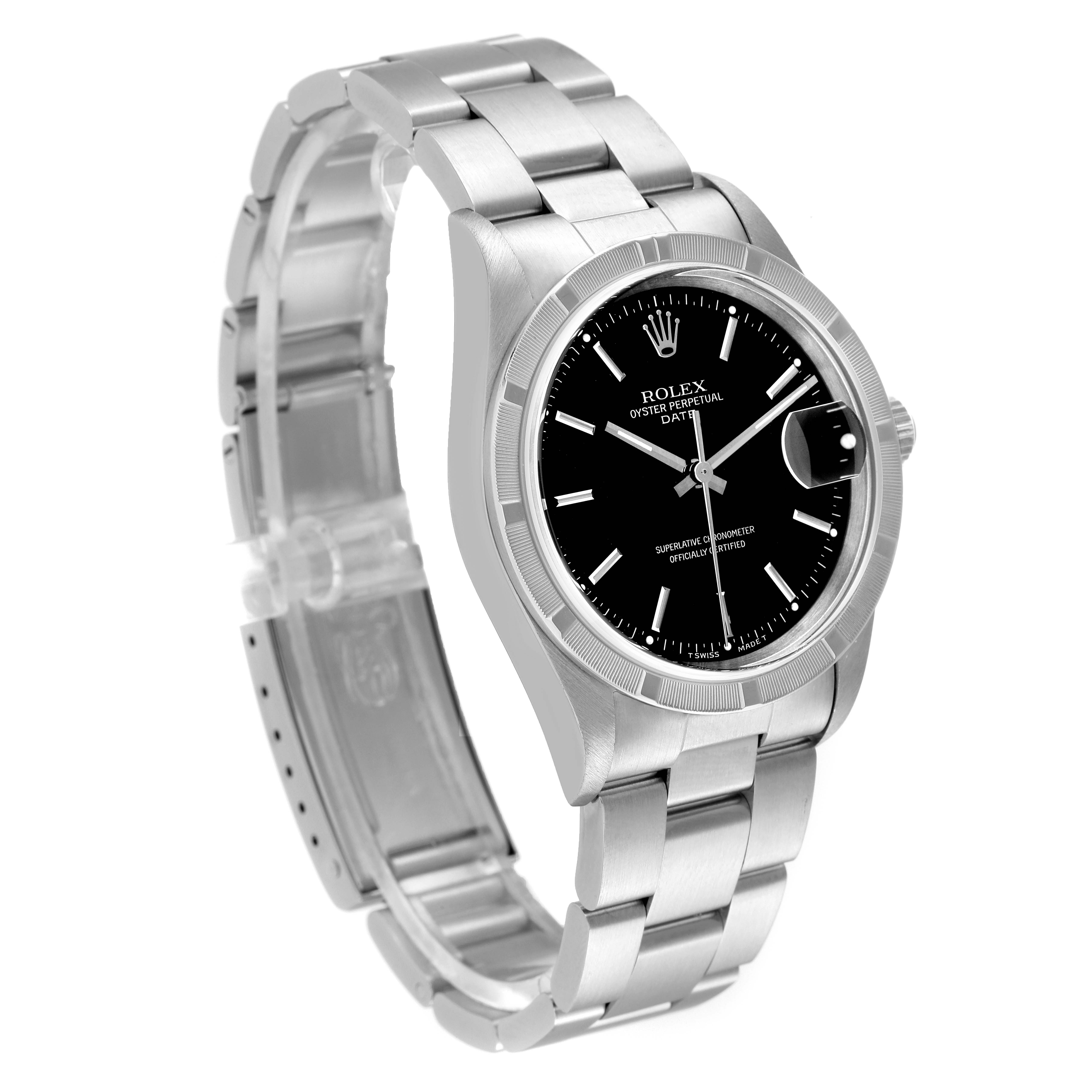 The image shows a side angle of a Rolex Date 15210 Men's Stainless Steel Black Dial 15210 Men's Stainless Steel Black Dial model watch with a silver band and black dial.