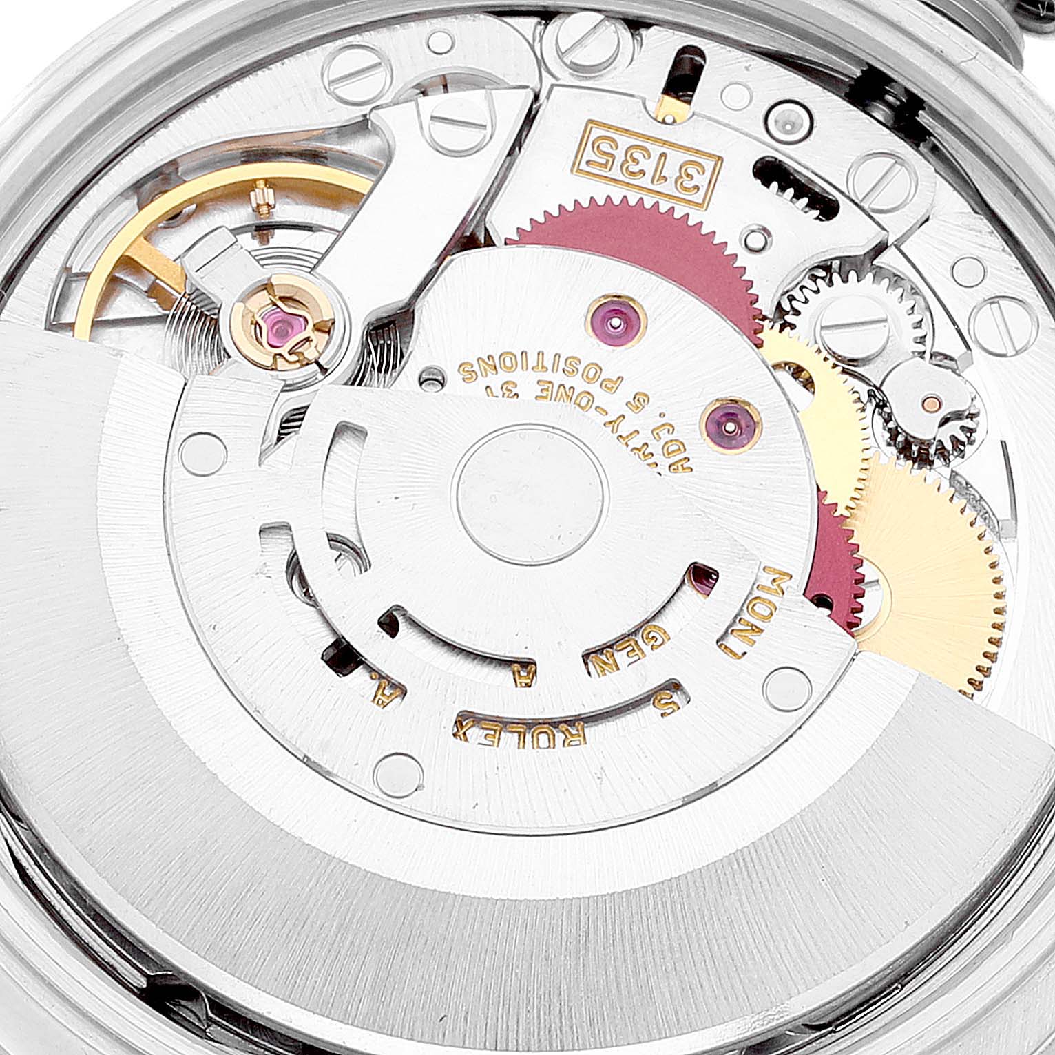 The image shows the detailed inner mechanism of a Rolex Date 15210 Men's Stainless Steel Black Dial 15210 Men's Stainless Steel Black Dial model watch, viewed from the back.