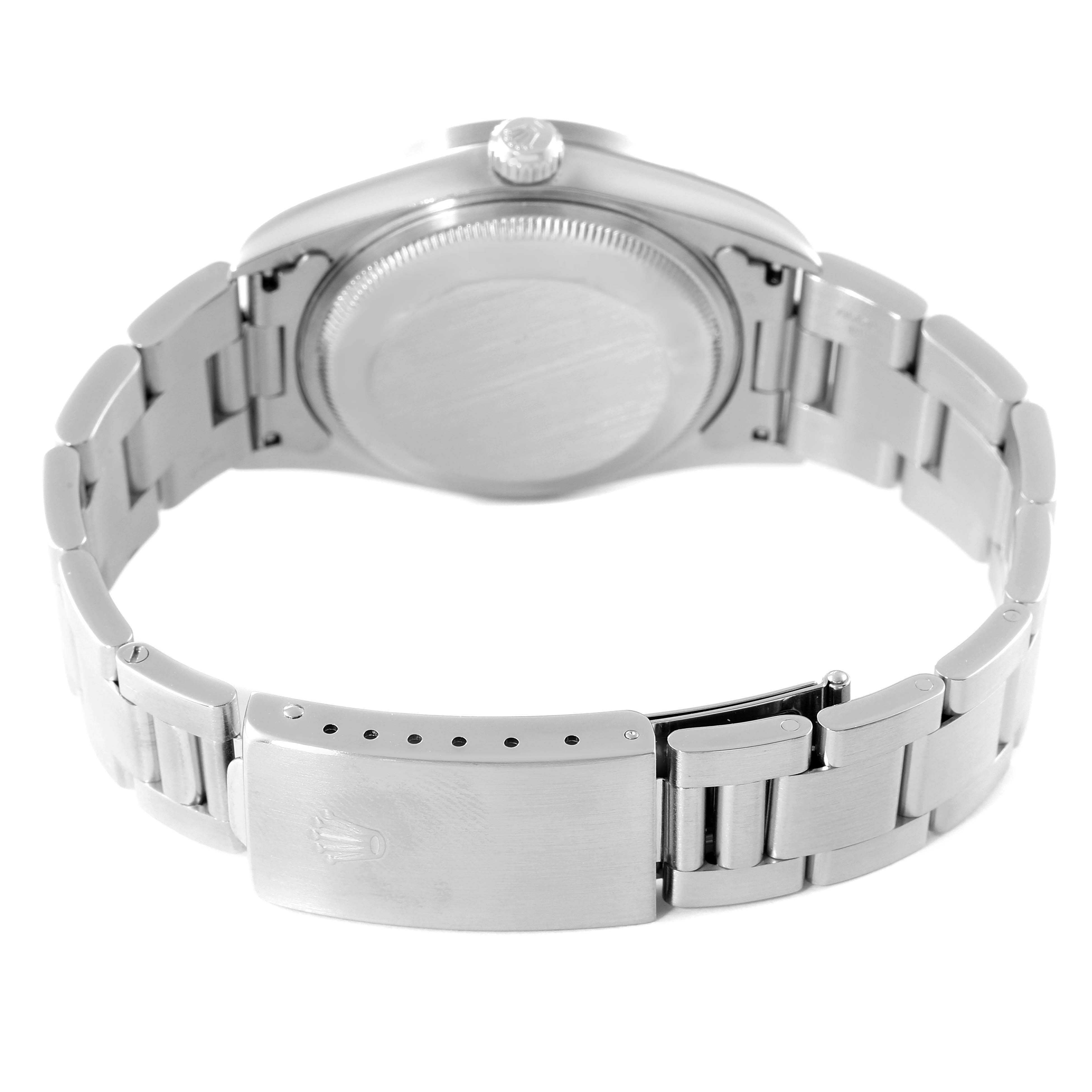 The image shows the back view, bracelet, and clasp of a Rolex Date 15210 Men's Stainless Steel Black Dial 15210 Men's Stainless Steel Black Dial model watch.