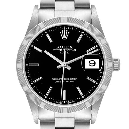 The image shows a front view of the Rolex Oyster Perpetual Date watch, detailing the black dial, fluted bezel, and stainless steel bracelet.