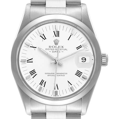 This image shows a frontal view of the Rolex Vintage Collection 15000 Men's Stainless Steel White Dial 15000 Men's Stainless Steel White Dial Oyster Perpetual Date watch, highlighting its dial and bracelet.