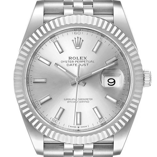This image shows a front view of the Rolex Datejust 41 126334 Men's Stainless Steel Silver Dial 126334 Men's Stainless Steel Silver Dial watch, highlighting the dial, bezel, and part of the bracelet.