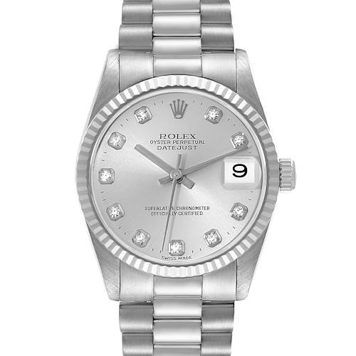 The image shows a Rolex President 78279 Women's White Gold Silver Dial 78279 Women's White Gold Silver Dial model watch, highlighting its face, bezel, and part of the bracelet from a frontal angle.