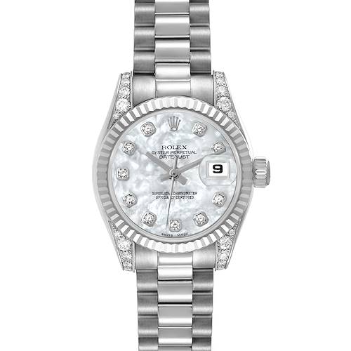 This image shows a front view of the Rolex President 179239 Women's White Gold Mother of Pearl Dial 179239 Women's White Gold Mother of Pearl Dial model watch, displaying the dial, bezel, strap, and date window.