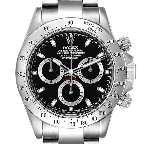 The image shows a frontal view of the Rolex Daytona 116520 Men's Stainless Steel Black Dial 116520 Men's Stainless Steel Black Dial watch, highlighting the bezel, dial, and chronograph sub-dials.