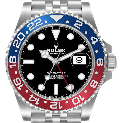 The image shows a front view of a Rolex GMT-Master 126710BLRO Men's Stainless Steel Black Dial 126710BLRO Men's Stainless Steel Black Dial II watch with a "Pepsi" bezel and date magnifier.
