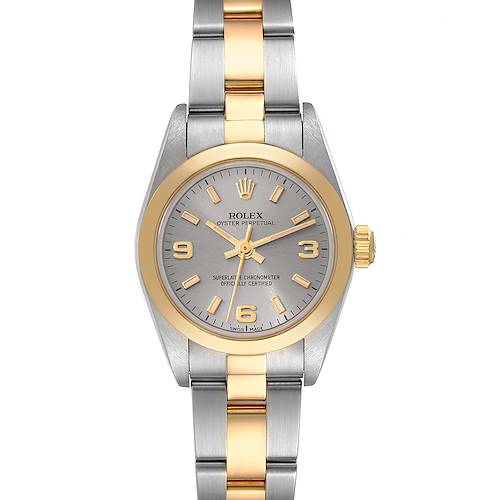 This Rolex Oyster Perpetual 76183 Women's Steel and Gold (two tone) Grey Dial 76183 Women's Steel and Gold (two tone) Grey Dial watch is shown from a straight-on angle, highlighting its dial, bezel, and bracelet.