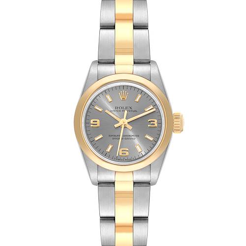 This Rolex Oyster Perpetual 67183 Women's Steel and Gold (two tone) Grey Dial 67183 Women's Steel and Gold (two tone) Grey Dial watch is shown from a front angle, displaying the face, bezel, and bracelet.