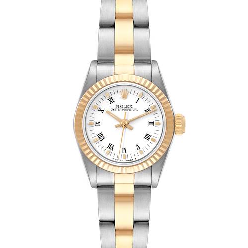 The image shows a front view of a Rolex Oyster Perpetual 67193 Women's Steel and Gold (two tone) White Dial 67193 Women's Steel and Gold (two tone) White Dial watch featuring a two-tone metal band and a white dial with Roman numerals.