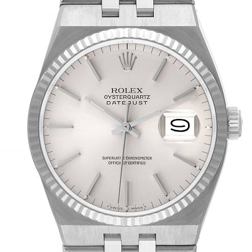 This image shows a front view of the Rolex Oysterquartz 19601 Men's Stainless Steel Silver Dial 19601 Men's Stainless Steel Silver Dial Datejust watch, highlighting its dial, hands, date window, and bezel.