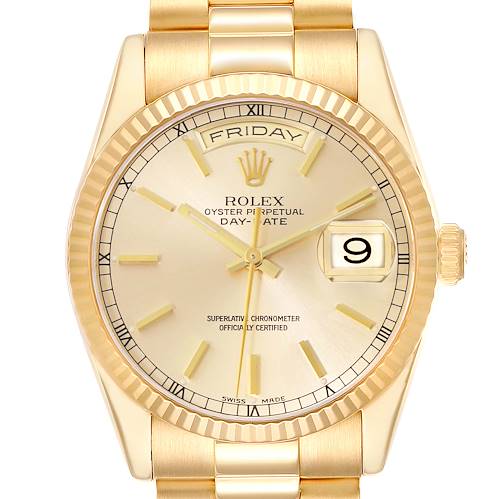 The image shows a frontal view of a Rolex President 118238 Men's Yellow Gold Champagne Dial model watch, highlighting the dial, bezel, and part of the bracelet.