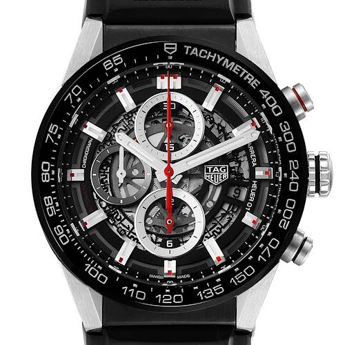 This image shows a close-up, front view of the dial and bezel of a Tag Heuer Carrera CAR201V.BA0714 Men's Stainless Steel Black Dial CAR201V.BA0714 Men's Stainless Steel Black Dial chronograph watch.