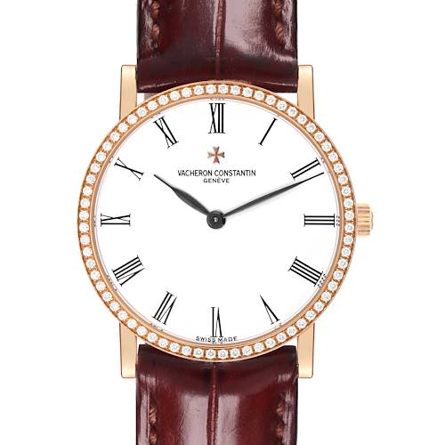 The Vacheron Constantin Traditionnelle 33593/3 Women's Rose Gold White Dial 33593/3 Women's Rose Gold White Dial watch is shown from the front, featuring its face, bezel, and leather strap.
