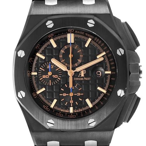 This Audemars Piguet Royal Oak Offshore 26405CE.OO.A002CA.02 Men's Ceramic Black Dial 26405CE.OO.A002CA.02 Men's Ceramic Black Dial watch is shown from the front, displaying its dial, bezel, sub-dials, and pushers.