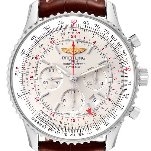 This image shows a close-up of the dial and bezel of a Breitling Navitimer AB044121-G783-453A Men's Stainless Steel Silver Dial AB044121-G783-453A Men's Stainless Steel Silver Dial watch, displaying the chronometer, subdials, and leather strap attachment.